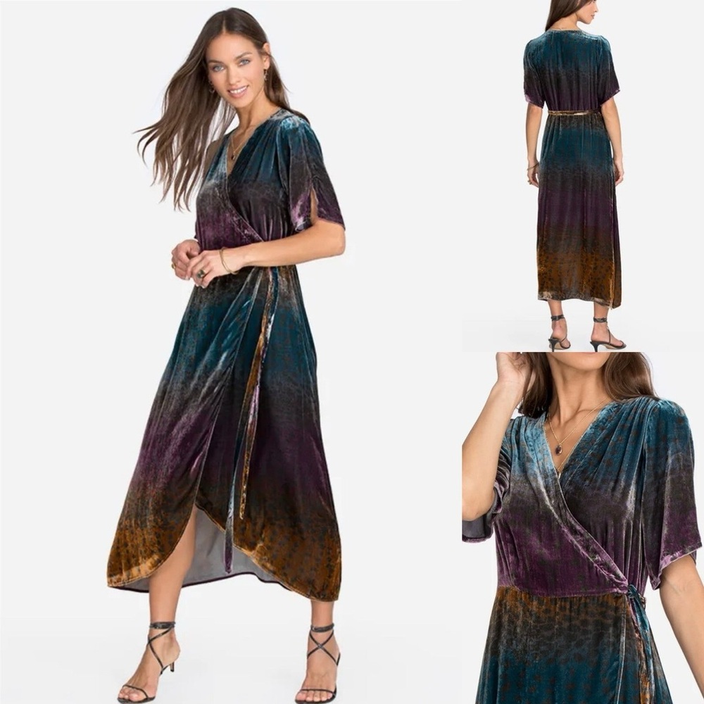 Auth Johnny Was Velvet Maxi Wrap Dress in Blue, Purple, and Brown